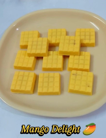 Mango Delight chocolate squares on a plate