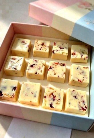 A pastel gift box of white rasmalai chocolate squares flecked with rose petals