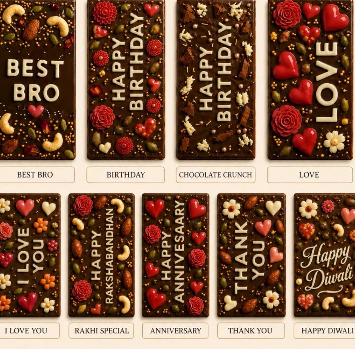 Nine custom Meltova bars, reading Best Bro, Happy Birthday, Love, I Love You, Rakhi Special, Anniversary, Thank You and Happy Diwali, each set with nuts, dried fruit and chocolate decorations