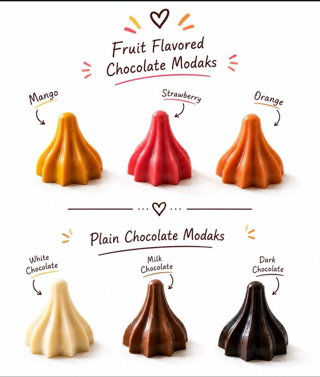 Meltova chocolate modaks in mango, strawberry and orange, and in white, milk and dark chocolate